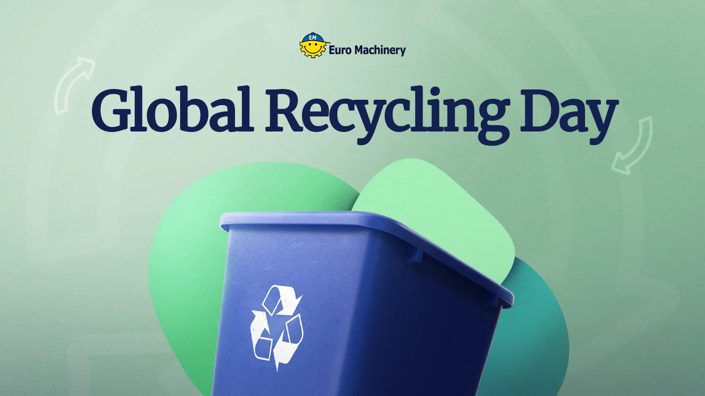 Global Recycling Day 2025 - A blue recycling bin with green plastic shapes